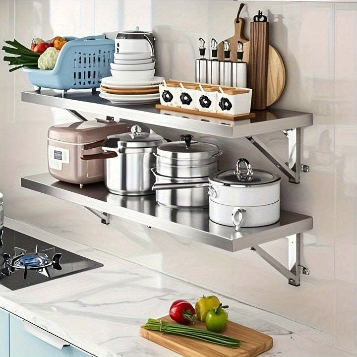 Estante plegable de acero inoxidable para montar en la pared - Organizador de cocina sin ensamblaje y resistente al óxido, con almacenamiento abierto para especias, utensilios y ollas - Diseño clásico que ahorra espacio para cocinas modernas, almacenamie