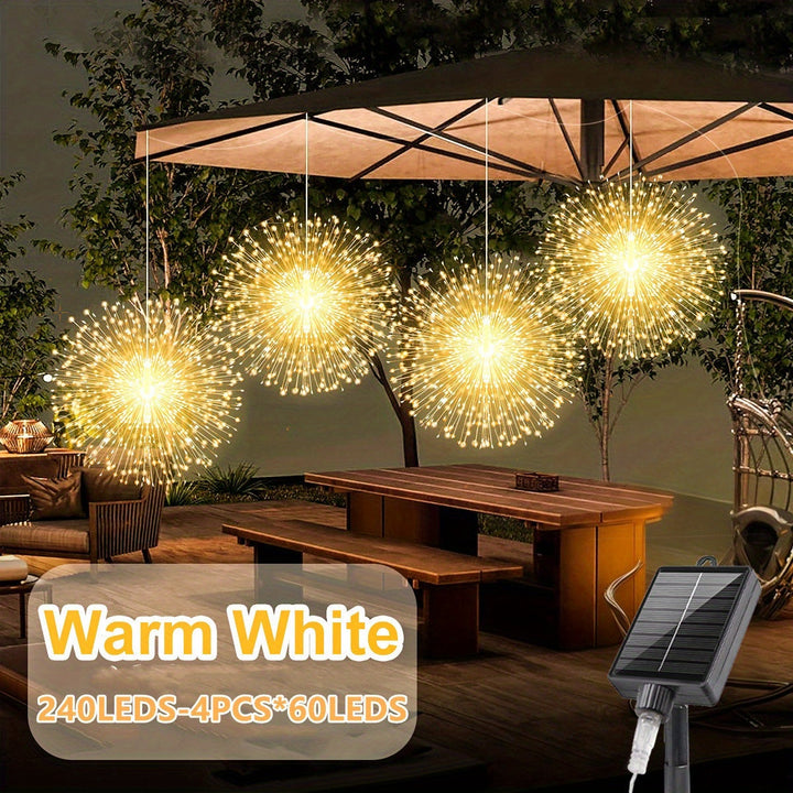4 Pack Luces Solares de Fuegos Artificiales para Exteriores, Esferas LED Estallido Solar, 8 Modos IP65 Luces Colgantes para Gazebo Patio Fiesta Boda Tienda, Navidad, Patio Árbol Pub Decoración, Luces Hada de Fuego Artificial, Cadena Luminosa Solar