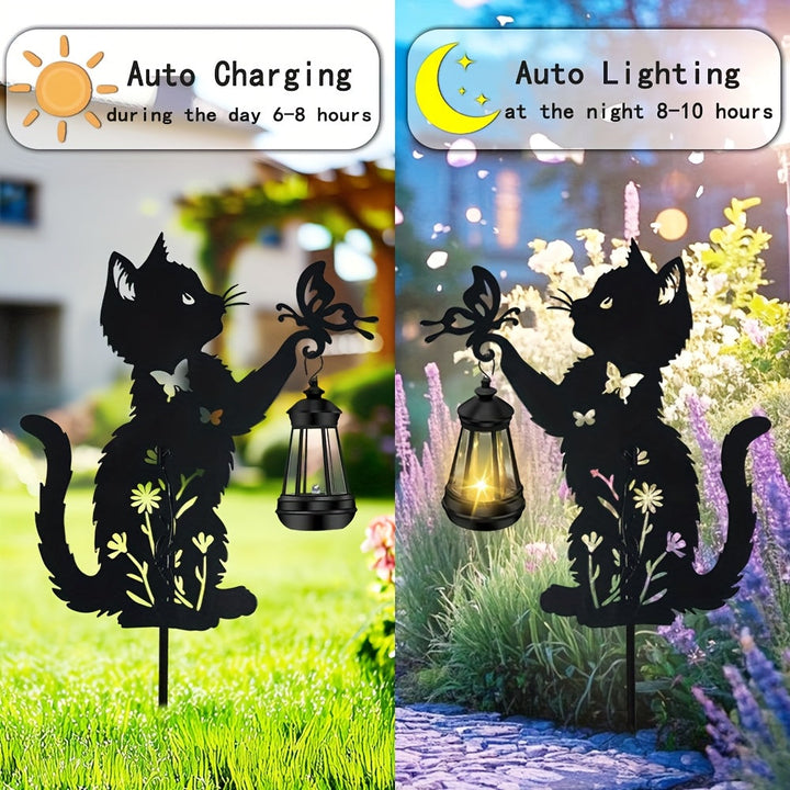 1 pieza/2 piezas, iluminación solar para exteriores, decoración de jardín - Gato jugando con mariposas, lámpara solar de arte de hierro, decoración de metal para la casa, adecuada para el camino de la entrada, césped, patio, Navidad, regalo único.