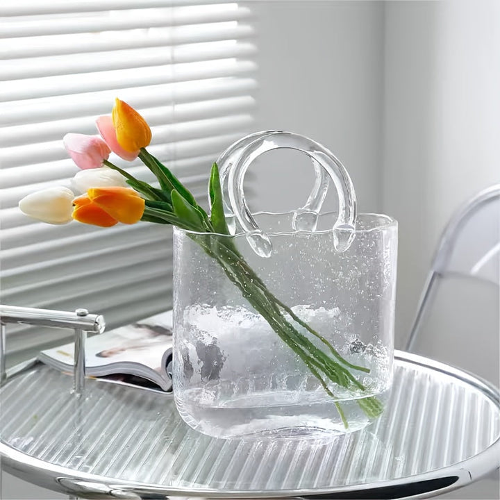 [Jarrón nórdico elegante] Jarrón de vidrio estilo nórdico elegante con asa, transparente, decoración versátil para sala, ideal para flores frescas y secas, sin necesidad de electricidad