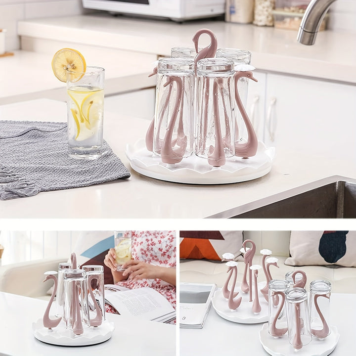 Soporte Giratorio 360° para Vasos en Forma de Cisne, con 6 Asas y Bandeja de Drenaje, Apto para Cristalería, Jarras de Cerveza y Más, Diseño Desmontable y Rápido Secado, Accesorio Decorativo y Organizador para Cocina