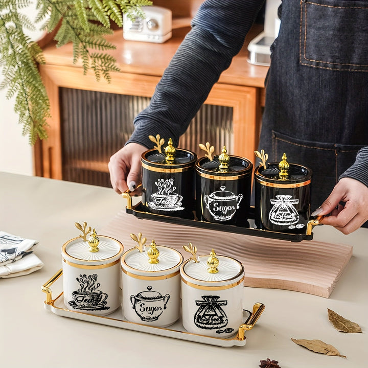 1 juego (1 plato, 3 latas, 3 cucharas) recipientes de almacenamiento para hogar, cocina y comedor, contenedores de especias, envases para alimentos, saleros, azucareros, condimentos, chile en polvo