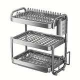 1 juego de escurridor de platos de acero inoxidable 201 grande, con 2 o 3 niveles, soporte para tazas, organizador de utensilios y repisa para escurrir, color plateado, para mesón de cocina