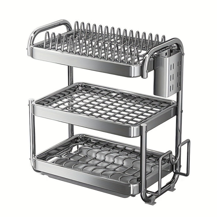 1 juego de escurridor de platos de acero inoxidable 201 grande, con 2 o 3 niveles, soporte para tazas, organizador de utensilios y repisa para escurrir, color plateado, para mesón de cocina