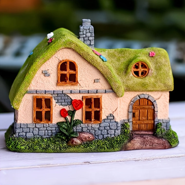 1pc Resina con acabado de encáustica, luz solar para casa de jardín de hadas, lámpara de estatua decorativa para exteriores con sensor de luz, control de botón, batería de níquel de 600 mAh, sin control remoto - Cabaña verde