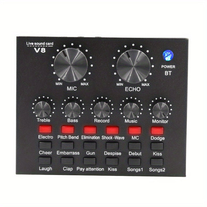 Interfaz de sonido V8 con cambiador de voz - Alimentado por USB, batería recargable de 500mAh, tarjeta de sonido negra ABS para grabación de PC, canto, transmisión y juegos, incluye micrófono y jacks de auriculares, tarjeta de sonido para juegos | Tarjet