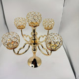 Candelabro de 5 cabezas con cristal dorado - Elegante decoración de mesa para bodas, cumpleaños y cenas románticas, accesorio de comedor romántico | Candelabro de cristal | Base metálica duradera, soporte de velas de cristal