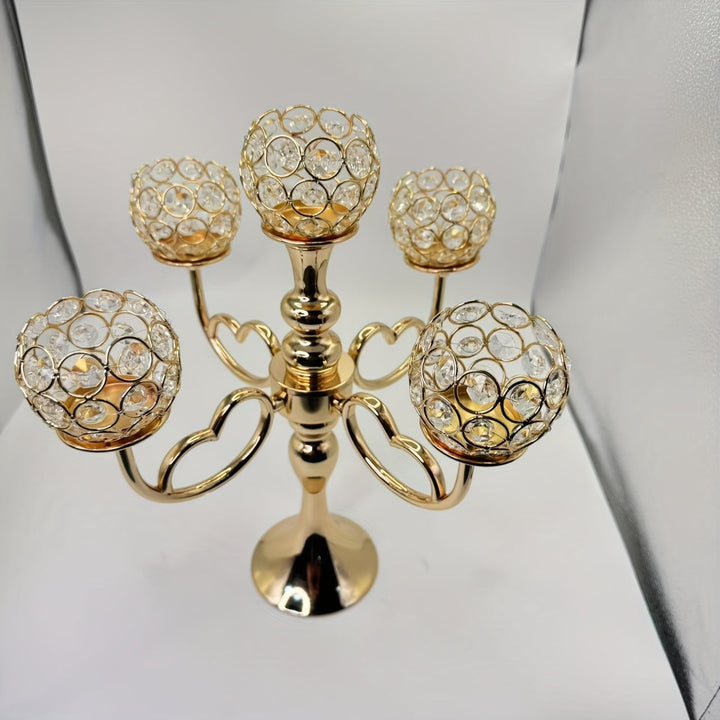 Candelabro de 5 cabezas con cristal dorado - Elegante decoración de mesa para bodas, cumpleaños y cenas románticas, accesorio de comedor romántico | Candelabro de cristal | Base metálica duradera, soporte de velas de cristal