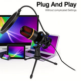 Microfono de Condensador USB ZEALSOUND con Soporte Trípode Ajustable, Iluminación RGB y Filtro Anti-Pop para Computadora - Plug & Play, Sin Controladores Necesarios para Transmisión, Juegos, Podcasts, Grabación de Voz - Compatible con PC, Portátil, Escri
