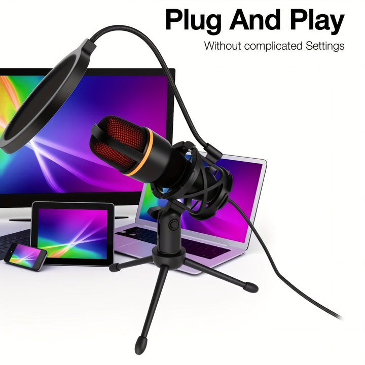 Microfono de Condensador USB ZEALSOUND con Soporte Trípode Ajustable, Iluminación RGB y Filtro Anti-Pop para Computadora - Plug & Play, Sin Controladores Necesarios para Transmisión, Juegos, Podcasts, Grabación de Voz - Compatible con PC, Portátil, Escri