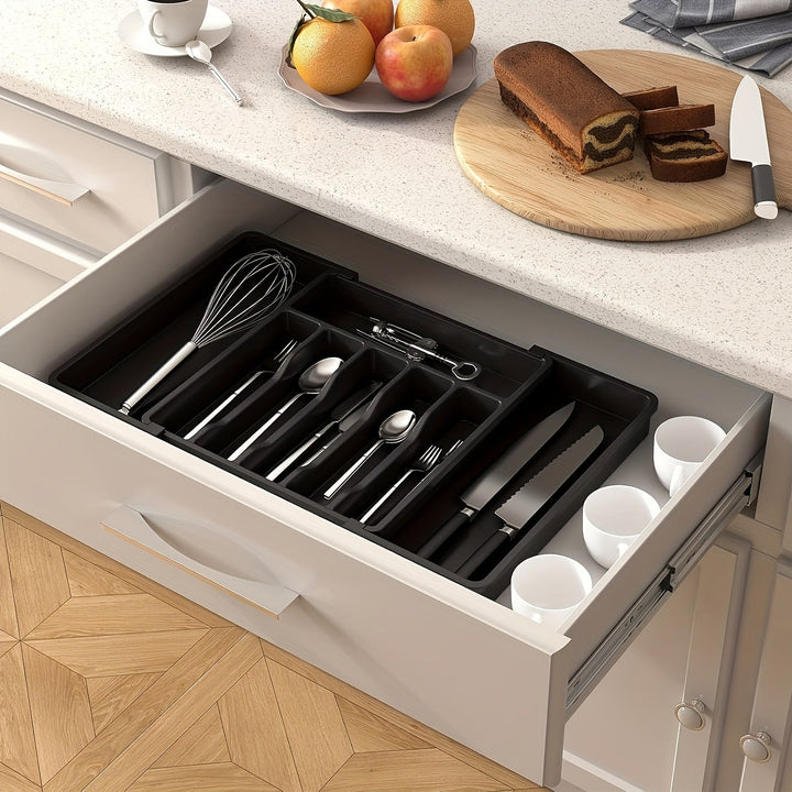 1 pieza, organizador de utensilios de cocina, bandeja expansible para tenedores, cuchillos y platos, soporte de cubiertos y vajilla sin BPA, caja de almacenamiento de plástico ajustable, adecuada para cucharas, tenedores y cuchillos.