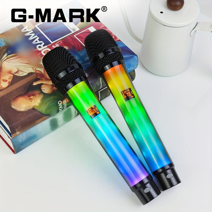 Micrófono inalámbrico G-MARK 2.4G, doble micrófono, luz dinámica RGB con gradiente, para Kara OK, transmisión en vivo, canto, vida útil de la batería de 2 horas, kit ligero de plástico.