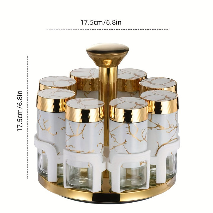 Juego de especias de cocina de 8 botellas con asas doradas - Elegantes frascos de vidrio blanco y dorado para condimentos, pimientas y hierbas, ideales para estanterías giratorias de especias, esenciales para estanterías de especias | Contenedor de espec