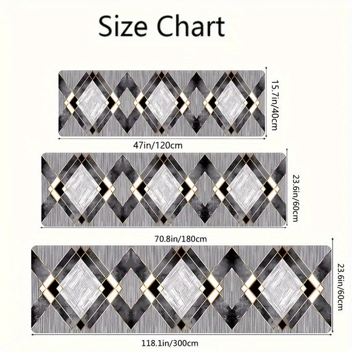 Alfombra de Pasillo Largo con Patrón Geométrico Moderno, Lavable a Máquina, Antideslizante, 100% Poliéster, y Blanco con Detalles Dorados, Ideal para Pasillos y Entradas