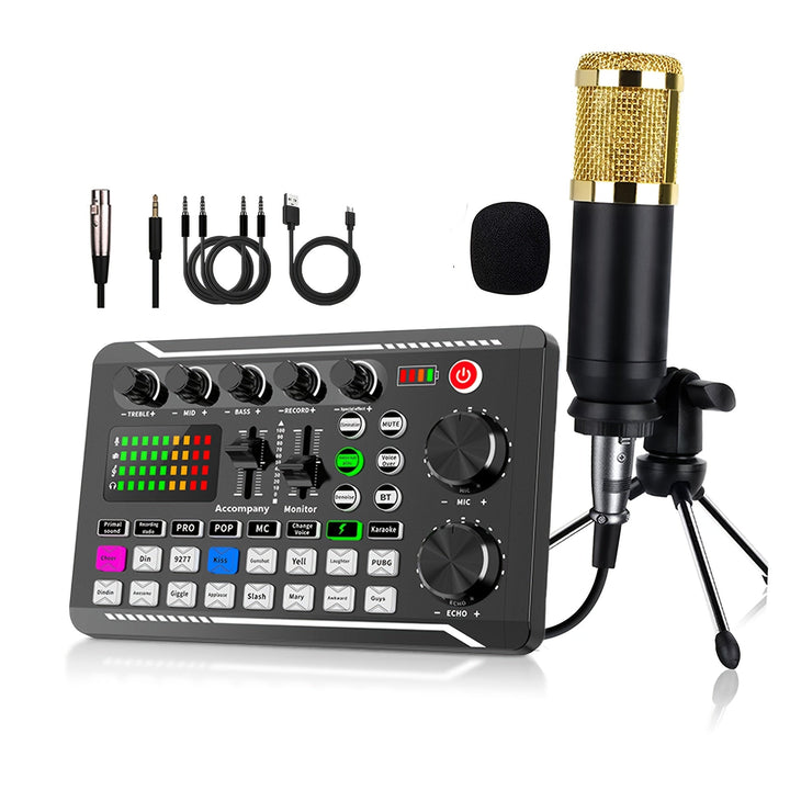 Kit de equipo para podcast, micrófono condensador BM800 con transmisión por cable (sin función inalámbrica), trípode y mezclador de sonido profesional F998 para grabación de voces, locución, transmisiones en vivo, podcast y juegos en el estudio