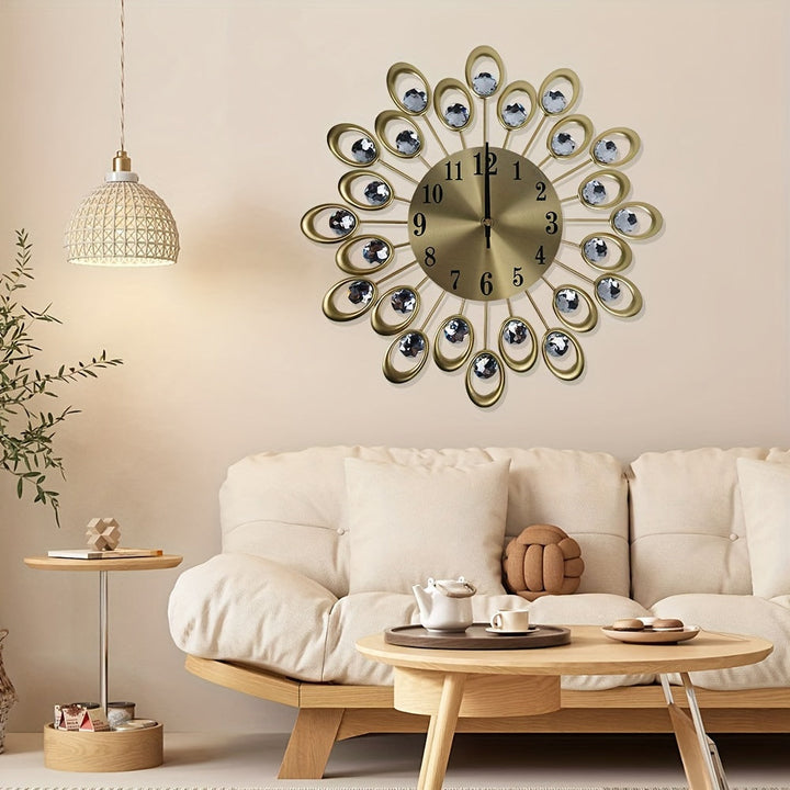 Reloj de pared silencioso de lujo, reloj redondo de metal moderno para sala de estar y dormitorio, funciona con pilas AA, elegante diseño de corona con superficie plana, reloj de decoración para el hogar (pilas no incluidas)