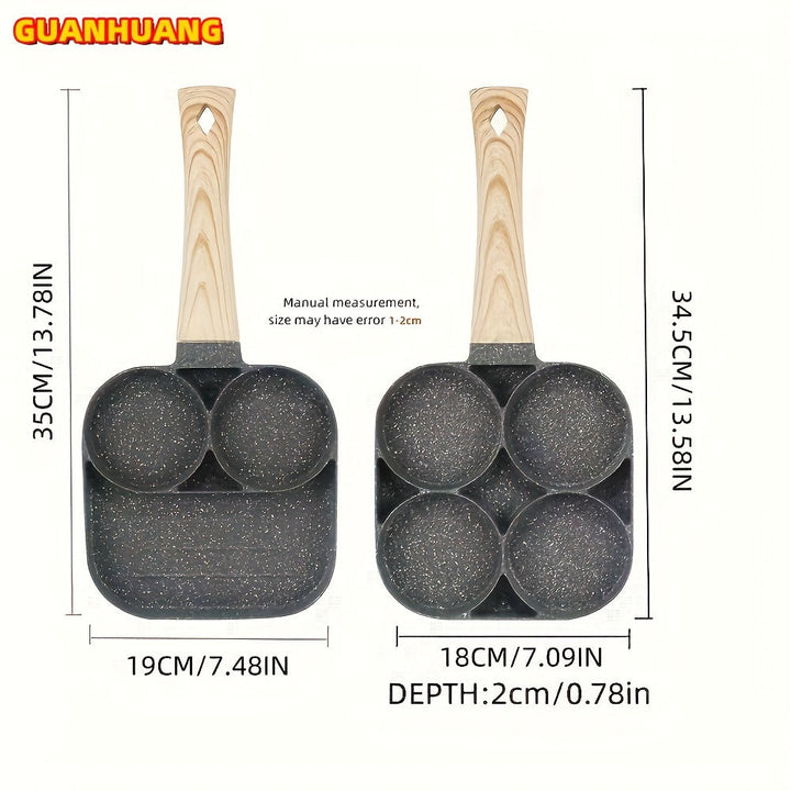 Sartén de Huevos y Tortillas Antiadherente de Aleación de Aluminio GUANHUANG con Mango de Madera, Cocina para Desayuno con 4 Compartimentos para Estufa de Gas e Inducción, Ideal para Huevos, Salchichas y Más