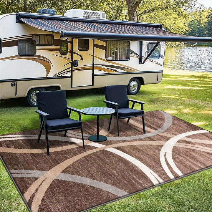 Alfombra de acampada al aire libre de terciopelo de lujo - 852g/m², resistente al deslizamiento, con diseño geométrico, lavable en máquina, ligera, para RV, patio, jardín y acampada. Alfombra rectangular duradera con diseño elegante, alfombra de suelo pa