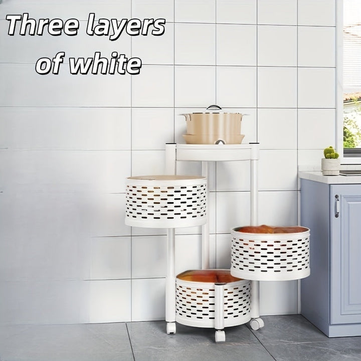 Estante de almacenamiento de cocina giratorio de 3 niveles - Organizador plegable y móvil que ahorra espacio con cajones de fresco para verduras, estante para snacks y ganchos para utensilios para cocinas modernas, estante de almacenamiento de cocina, co