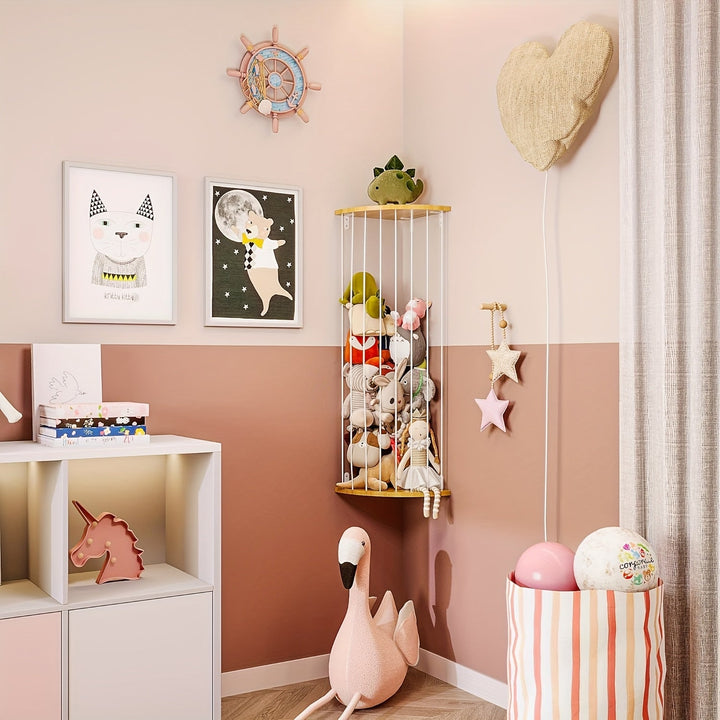 Estantería de Almacenamiento para Juguetes de Peluche de Madera con Altura Ajustable - Montaje en Pared, Diseño de Gran Ángulo, Marco de Madera Blanco, Ideal para Salas y Dormitorios, Organizador Elegante y Funcional