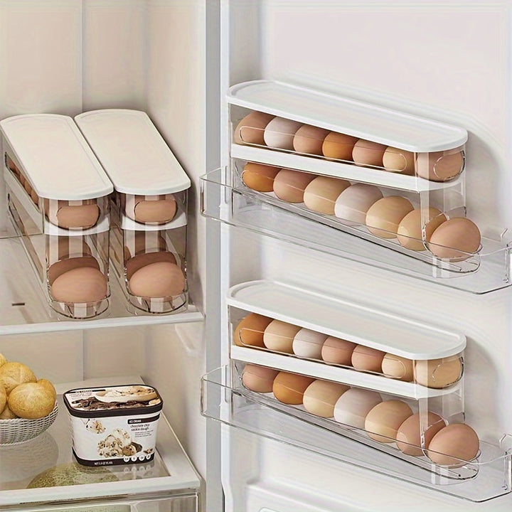 Contenedor de huevos automático de doble capa deslizable para 12-14 huevos, diseño con bisagra, conservador de huevos frescos, material plástico, sin contacto con alimentos, con organizador de huevos para refrigerador que ahorra espacio en la cocina