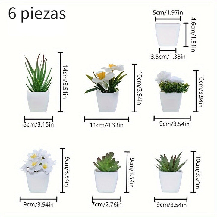 Conjunto de 6 Piezas de Suculentas y Flores Artificiales Realistas en Macetas Blancas - Perfecto para el Hogar, Escritorio de Oficina y Centros de Mesa | Set de Plantas Falsas de Tacto Real para Decoración de Todas las Estaciones