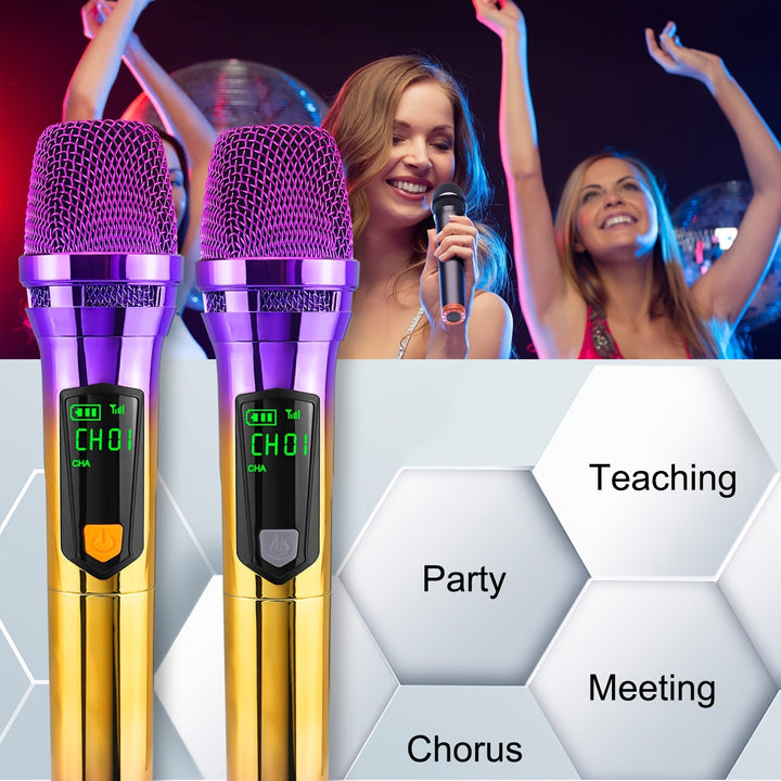 Micrófono sin varillas, Sistema de Micrófonos Dinámicos Portátiles Doble y Recargables con Soporte para Escritorio para Canto, Bodas, Fiestas y Enseñanza