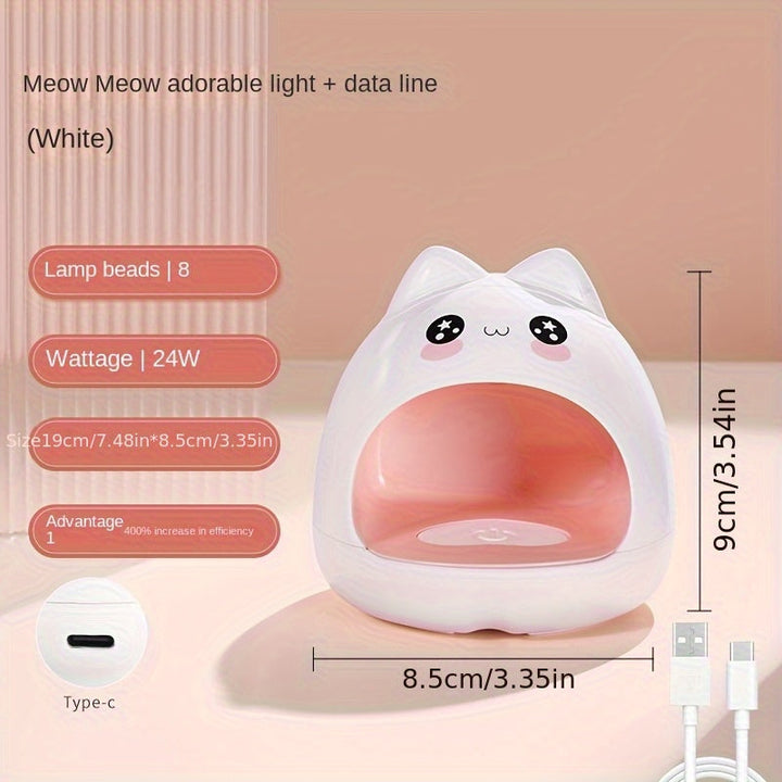Mini Secador de Uñas LED 24W - Lámpara Portátil para Gel con Temporizador de 60s, Alimentación USB y Sin Luz Negra, Diseño Adorable de Gato para Manos y Pies (Rosa Brillante/Blanco)