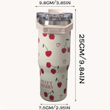 Térmico de acero inoxidable con forma de corazón y cereza, 33.44 oz, con popote y asa, reutilizable, ideal para viajes, gimnasio y actividades al aire libre, con dos bocas para beber, regalo perfecto para días festivos