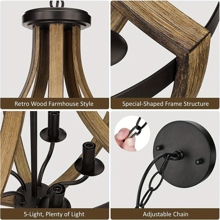 Lámpara colgante geométrica moderna para granja, 5 brazos de altura ajustable, montaje semi-inclinado, diseño de hierro negro y madera, colgante desmontable para comedor, vestíbulo, isla de cocina - No incluye bombilla, luces de techo para dormitorio