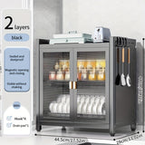 Estante de secado de platos de varios niveles moderno negro con puertas dobles a prueba de polvo, ganchos para utensilios y bandeja de goteo - Organizador de almacenamiento de cocina que ahorra espacio para platos, tazones y utensilios, estante de secado