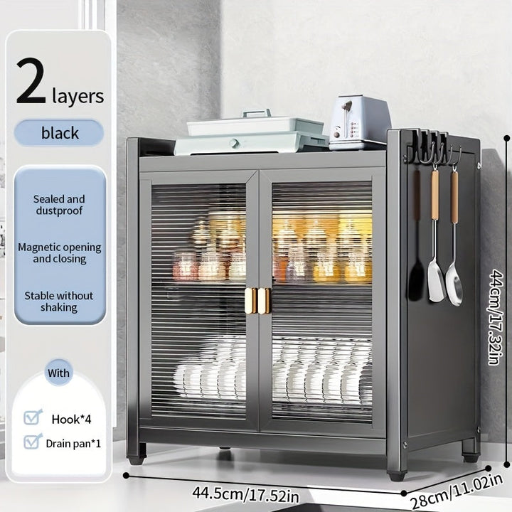 Estante de secado de platos de varios niveles moderno negro con puertas dobles a prueba de polvo, ganchos para utensilios y bandeja de goteo - Organizador de almacenamiento de cocina que ahorra espacio para platos, tazones y utensilios, estante de secado