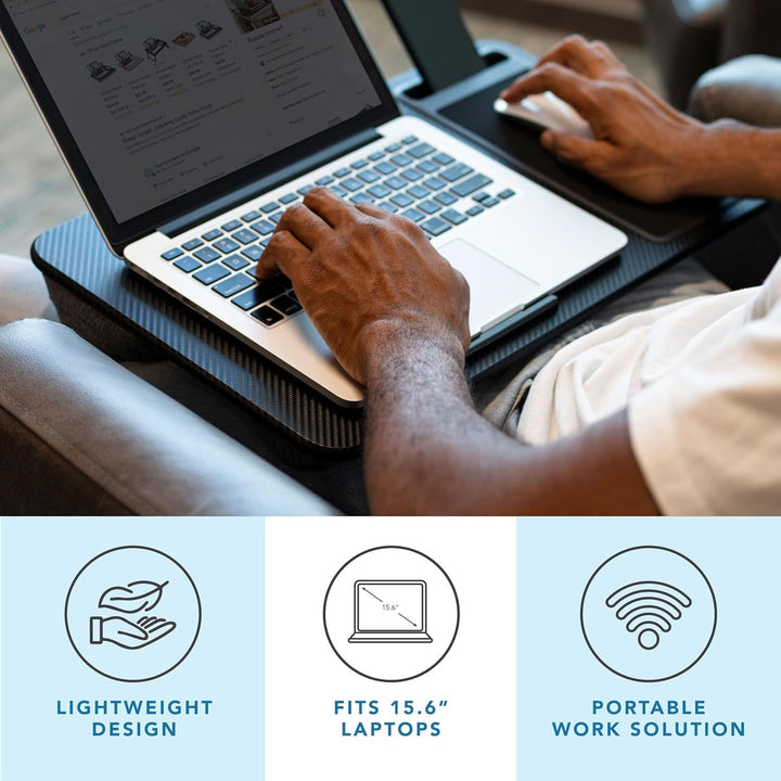 Escritorio portátil para oficina en casa, elegante en negro carbón, con repisa para dispositivos, almohadilla para mouse y soporte para teléfono, compatible con laptops de hasta 39.62 cm, organizador con cajón para almacenamiento en el hogar