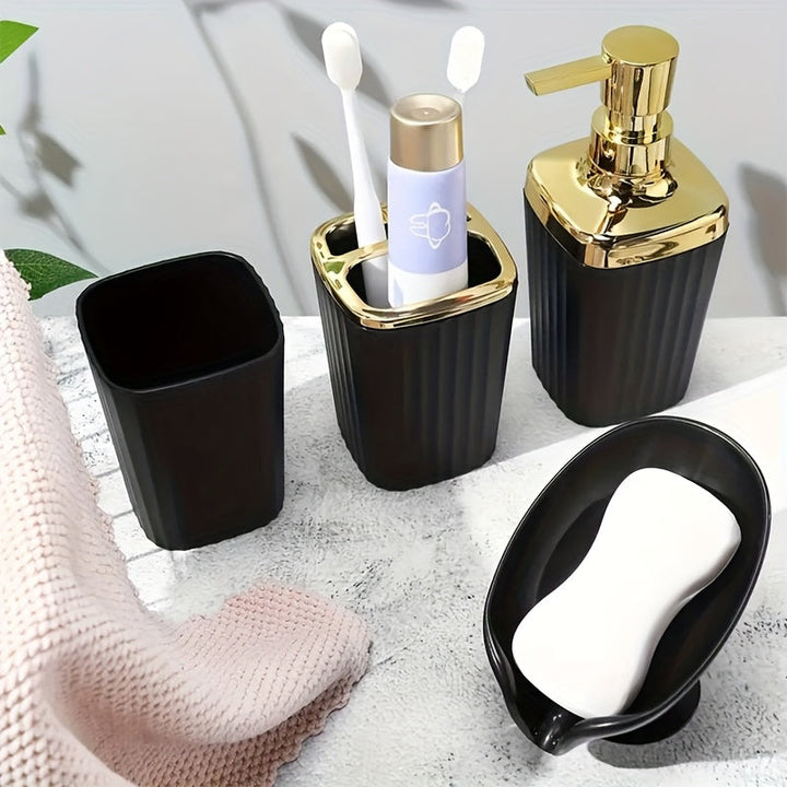 Juego de 4 accesorios para baño con rayas verticales, incluye dispensador de líquido, portacepillos, vaso para enjuague bucal y jabonera - Kit organizador esencial para baño, material plástico