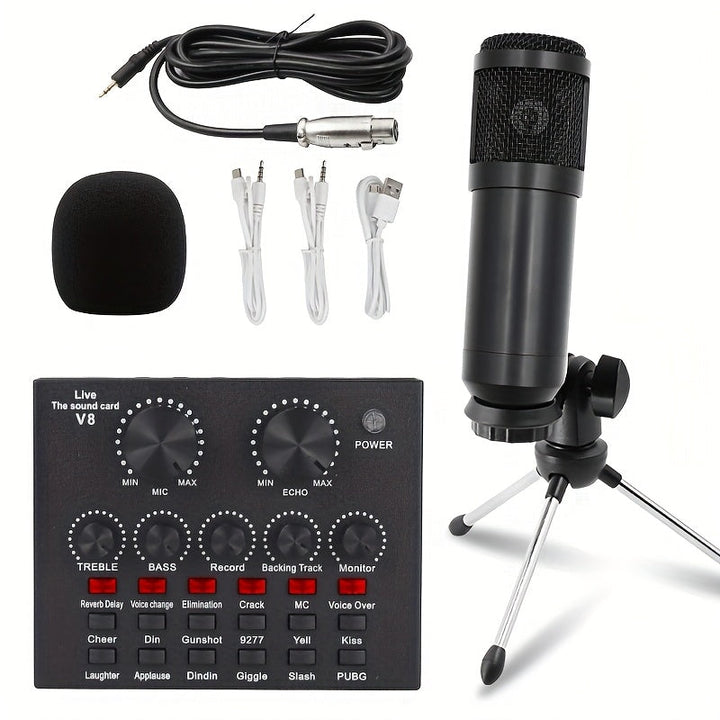 Kit de equipo para podcast, interfaz de audio V8 equipada con tarjeta de sonido multi en uno y micrófono condensador BM800, ideal para grabaciones y transmisiones en vivo