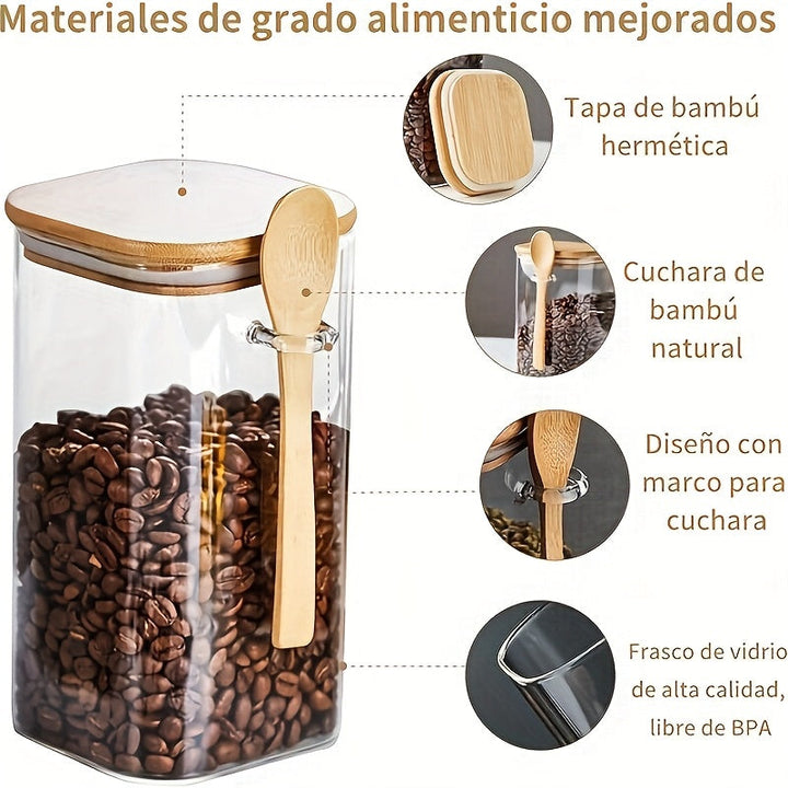 Juego de 2, 3 o 4 frascos de vidrio herméticos con cuchara y tapa de bambú - Recipientes de cocina a prueba de fugas ideales para granos, hojas de té, granos de café y especias - Perfectos para organizar la despensa