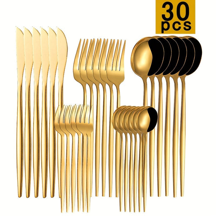 Juego de 30 Piezas de Cubiertos Finos de Acero Inoxidable: Cuchillo para Bistec, Tenedor y Cucharilla Postre - Kit de Vajilla para Hogar y Restaurantes
