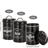 3 recipientes de almacenamiento para té, café, azúcar y cocina, color negro