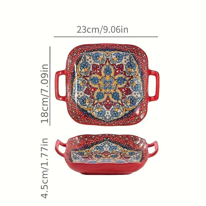 1 Juego de 4 Piezas de Platos Cuadrados Bohemios con Doble Asa. Platos Creativos de Cerámica, Versátiles para Frutas/Pastas. Diseño de 9 Pulgadas Seguro para Horno/Microondas. Asas Antideslizantes para Transporte Fácil, Elevando tu Ritual de Comida.