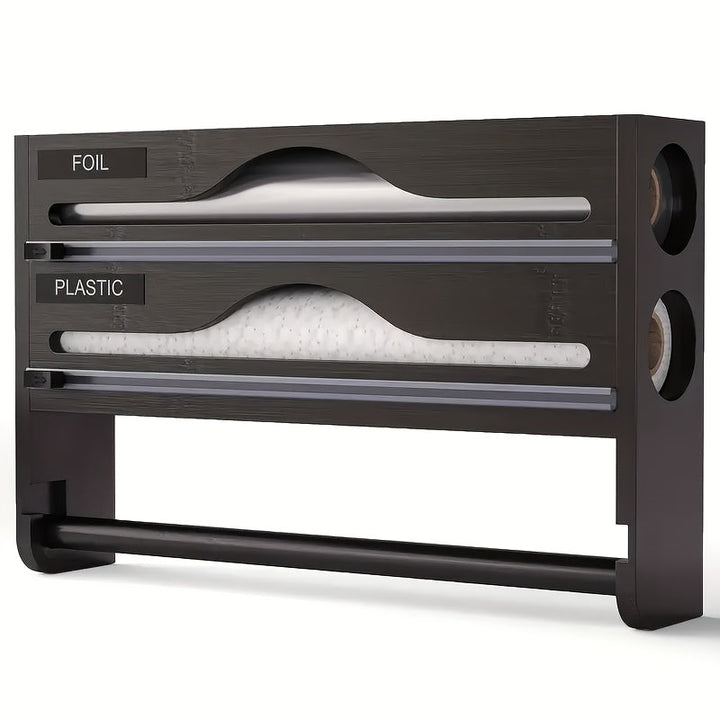 Organizador de Cocina Montado en Pared con Porta Papel Film, Bolsas de Basura y Aluminio - 2/3 Compartimentos para Película Adhesiva, Papel de Albañil y Especias, Accesorios de Bambú, Diseño Elegante y Acabado Suave, Ahorra Espacio