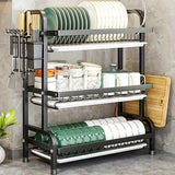 Organizador de cocina de 3 niveles en metal negro, soporte para platos, tazones y cubiertos con porta cubiertos extraíble, construcción resistente en hierro, ideal para uso en hogar y restaurante, escurridor de platos