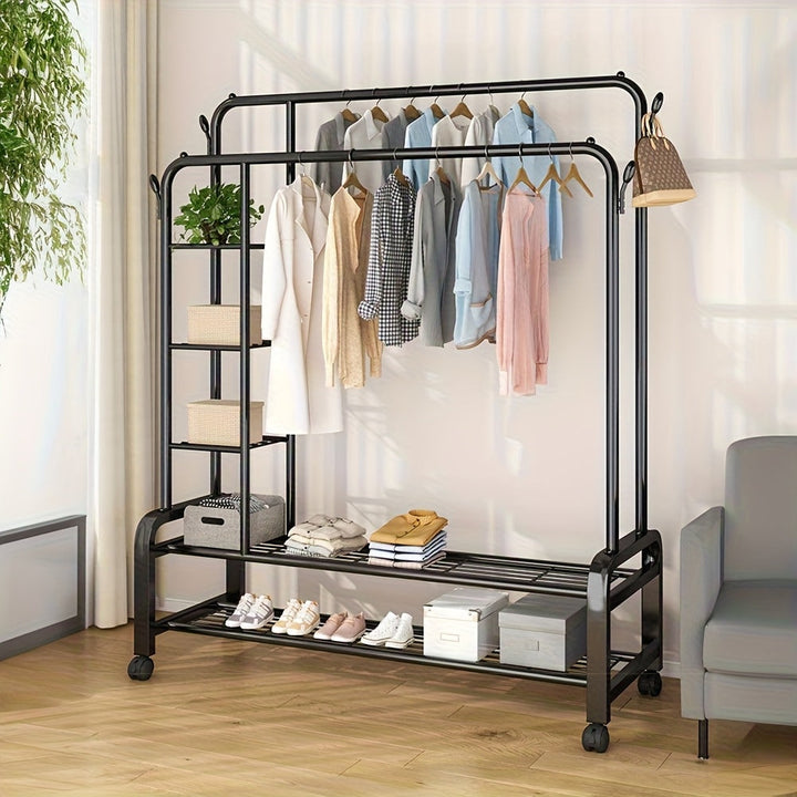 Perchero Metálico Rodante, Colgador de Doble Barra con 4 Ganchos Laterales y Estante Inferior de 2 Niveles, Ideal para Dormitorio u Oficina en Casa, Organizador de Armario Abierto con Ruedas, Secado de Ropa,