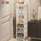 Organizador de zapatos blanco de varios niveles, diseño vertical ahorrador de espacio, compartimientos abiertos, fácil de armar, ideal para entrada, sala, habitación o cocina, estante blanco moderno, barras de soporte metálicas, práctico y funcional