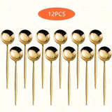 12/24 piezas de juego, elegante cuchara de postre de acero inoxidable dorado, -Se puede utilizar para café, cuchara de sopa y más, apto para lavavajillas, perfecto para uso doméstico o en restaurantes.