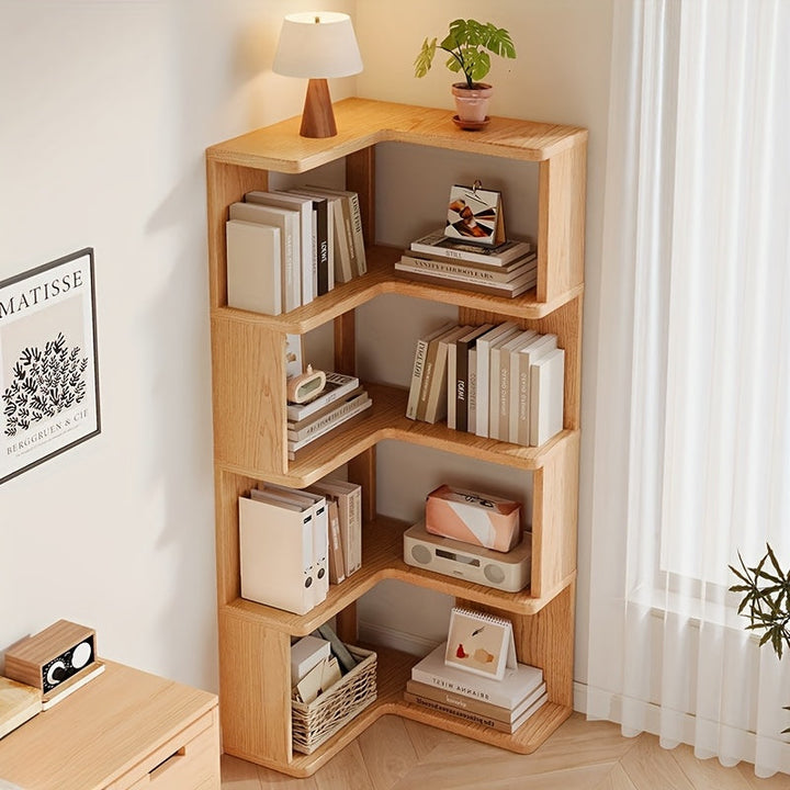 Estantería de madera maciza, repisa de esquina de varios niveles independiente, fácil de armar, para sala de estar, oficina, no requiere electricidad, material de madera dura, librero de esquina
