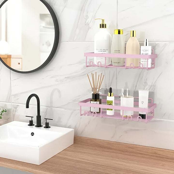 2 piezas de organizador de ducha pegajoso rosa, acero inoxidable resistente a la oxidación, soporte de almacenamiento montado en la pared sin taladrar, adecuado para baño y cocina - Diseño que ahorra espacio, ideal para uso en la habitación de ducha, acc