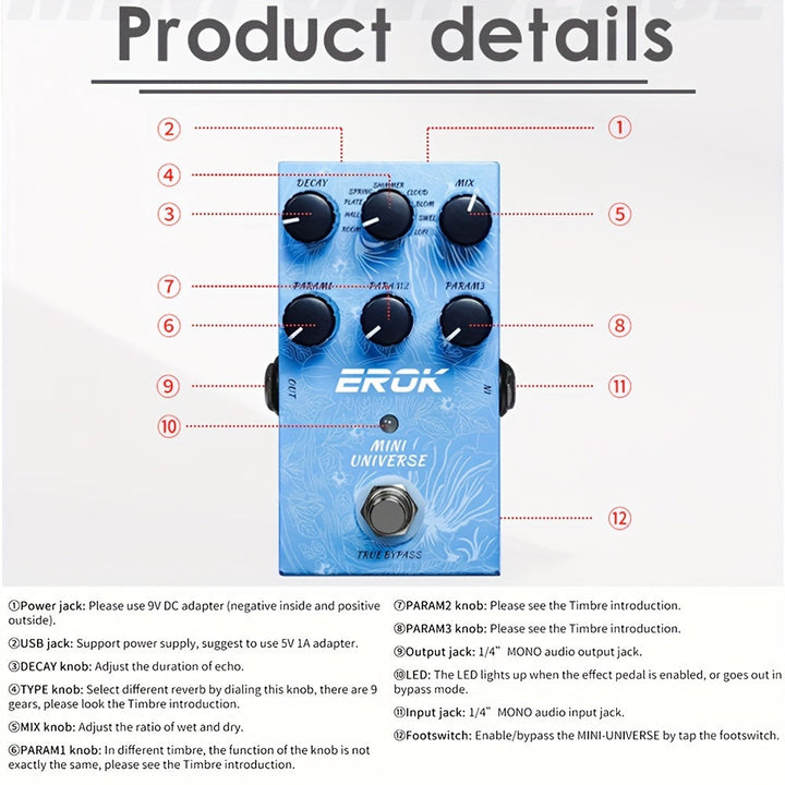 Pedal De Efecto De Reverberación Para Guitarra Eléctrica Con Diseño De Derivación Real, Carcasa De Metal, 9 Tonos De Reverberación, Accesorio Para Guitarra