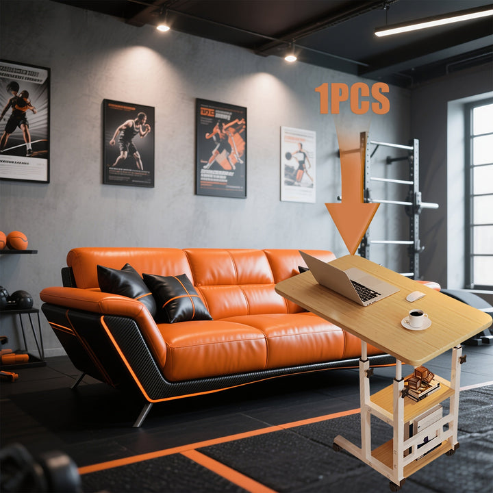 Mesita Ajustable en Altura con 4 Ruedas - Estante Giratorio de Doble Nivel 360°, Estilo Retro para Sala, Dormitorio o Estudio - Sin Necesidad de Energía, Fácil Montaje, Construcción en Madera/Metal, Diseño Moderno y Versátil, Mueble Resistente para Hogar