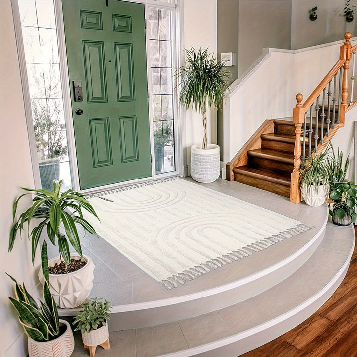 Alfombra de área con diseño bohemio de arcoíris y flecos - Lavable a máquina, antideslizante, tapete de poliéster ideal para sala, entrada, dormitorio - Alfombra geométrica para interior/exterior, cocina, pasillo, porche, lavandería