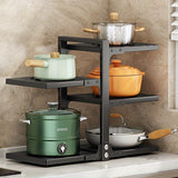 Estante de olla de acero inoxidable de 2 niveles, organizador de cocina ajustable para almacenamiento en encimera y debajo del fregadero, duradero y resistente a la corrosión, forma rectangular, soporte de olla montado en pared para uso en cocina hogareña